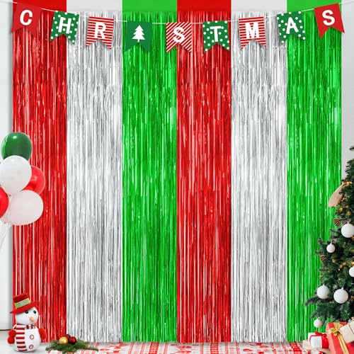 2 Pack Christmas Backdrop, 3.28 FT x 7.05 FT Red Silver Green Party Streamer, Metallic Xmas Backdrop Fringe Curtains Foil Tinsel, Christmas Decorations Wall Decor Photo Booth Props - color: Christmas, size: 2 PCS