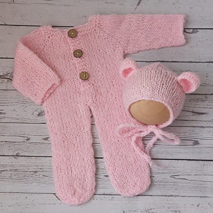 Newborn Photography Props Boys Girls Outfits Mohair Bear Hat Bonnet & Footed Romper Bodysuit Photoshoot Costume Set - color: Pink