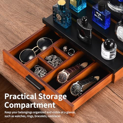 Perfume Organizer for Men, 3 Tier Wood Perfume Display Stand with Velvet Lining Drawer and Hidden Compartment for Watch,Jewelry,Perfume Display Risers,A Gift for Men (Black+Walnut) - style: 3 Tier - BlackWalnut
