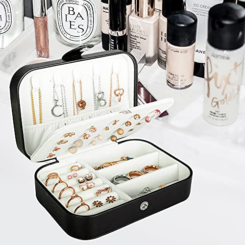 Hatori Travel Jewelry Box, PU Leather Small Jewelry Organizer for Women Girls, Portable Mini Travel Case Display Storage Holder Boxes for Stud Earrings, Rings, Necklaces, Bracelets. - color: Black