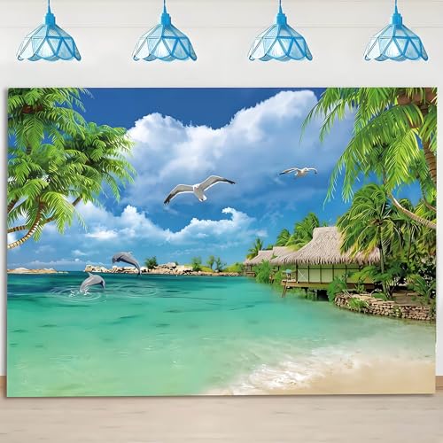 Summer Tropical Seaside Beach Holiday Party Photography Background Resort Beautiful Landscape Photo Backdrop Banner Flying Sea Gull Studio Props Decorations 6x4ft