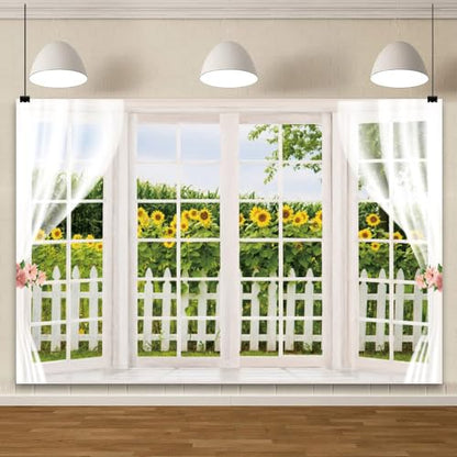 YongFoto 9x6ft Spring Window Scenery Backdrop Yellow Sunflower Rustic Wood Fence Countryside Garden Nature Landscape Girl Woman Birthday Party Wedding Kids Adults Portrait Photo Studio Props - color: Green 1, size: 9x6ft