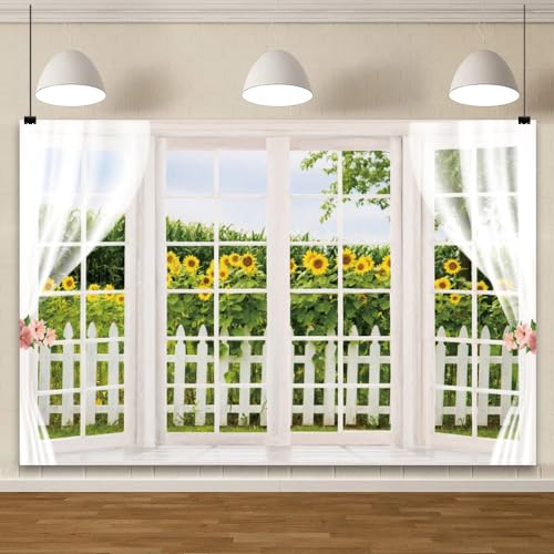YongFoto 9x6ft Spring Window Scenery Backdrop Yellow Sunflower Rustic Wood Fence Countryside Garden Nature Landscape Girl Woman Birthday Party Wedding Kids Adults Portrait Photo Studio Props - color: Green 1, size: 9x6ft
