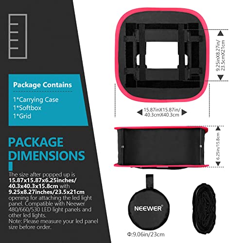 Neewer Foldable Softbox Light Box with Strap Clip, Grill and Carry Bag Compatible with Neewer 480/660/530 LED Light Panels, Opening 9.3 x 8.3 in (Black + Red) - style: 1 Pack w/Grid