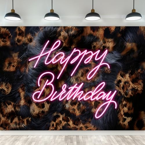 Riyidecor Leopard Print Happy Birthday Backdrop Cheetah Neon Vintage Woman Girly Fashion Cute 7Wx5H Feet Polyester Fabric Modern Photography Background Girls Table Decor Banner Studio Photo Shoot