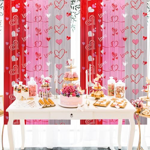2PCS Valentines Foil Fringe Curtains Backdrop Valentines Party Decor Pink Red Silver Streamers Heart Shape Tinsel Foil Fringe Curtain for Valentine's Day Galentines Day Photo Props Wedding, 3.3x6.6ft - style: Heart