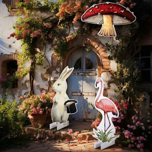 Soulchen 3 Pcs 24 Inch Wonderland Tea Party Decorations Yard Decor Bunny Flamingo Mushroom Yard Signs with Stakes Large Photo Booth Props Backdrop for Party Large Lawn Garden Indoor Outdoor - style: Wonderland