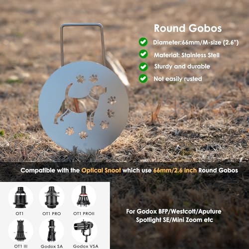 20Pcs Unique Round Gobos Kit for Optical Snoot,66mm/2.6in Metal Plate Patterns for Spotlight Attachment Compatible with Godox BFP/OT1/OT1 Pro/II/Westcott Optical Spot/Aputure SE,for Portraits/Product - style: 20P- 66mm Patterns