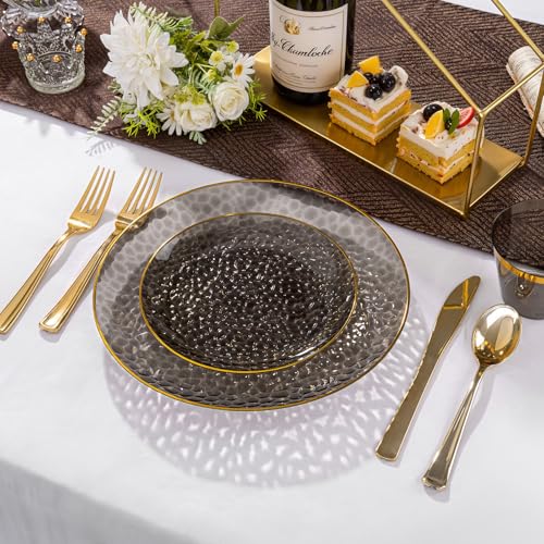 Rubtlamp 60Pcs Black Plastic Plates, Black Disposable Plates With Gold Rim, Clear Heavy-duty Party Plates, Hammered Plastic plates Include 30 Dessert Platos, 30 Dinner Platos for Party - color: Clear Black Gold
