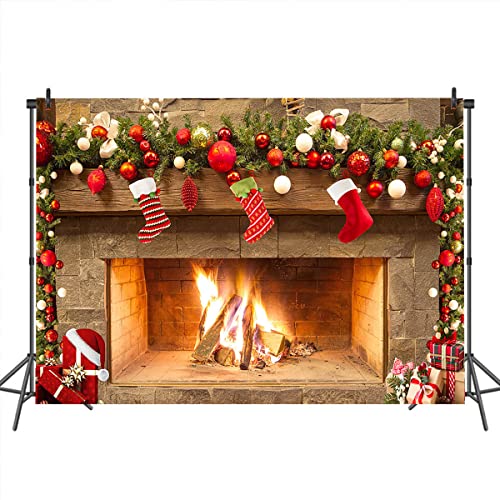 Mocsicka Christmas Fireplace Theme Backdrop for Photography Xmas Tree Sock Gift Family Party Decorations Wallpaper Winter Christmas Birthday Holiday Banner Studio Booth (8x6ft) - size: 8x6ft
