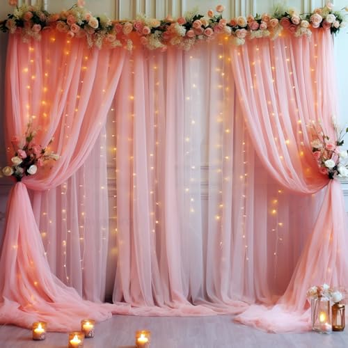 20x10ft Dusty Rose Tulle Backdrop Curtain with Lights String for Parites, Sheer Backdrop Curtains for Wedding Baby Shower Birthday Party Photo Shoot Decorations - color: Dusty Rose, size: 20ft x 10ft(4 Panels 5*10ft)