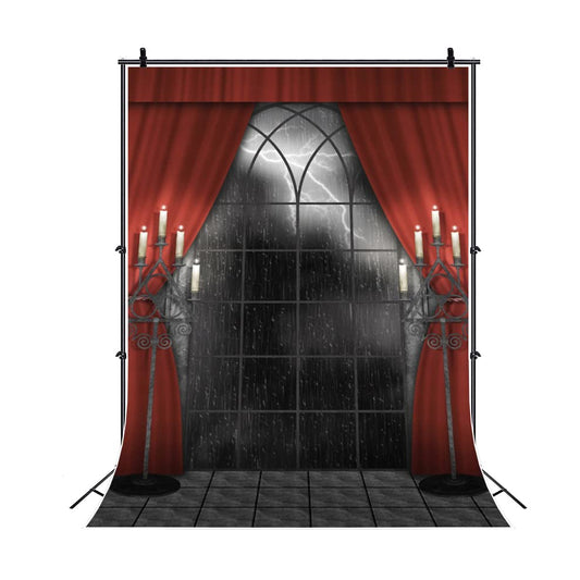 Renaiss 6x8ft Vintage Gothic Window Backdrop Red Curtain Candlestick Black Floor Lightning Stormy Sky Vampire Medieval Castle Photography Background Halloween Dress Up Party Decors Photo Booth Props - size: 6x8ft