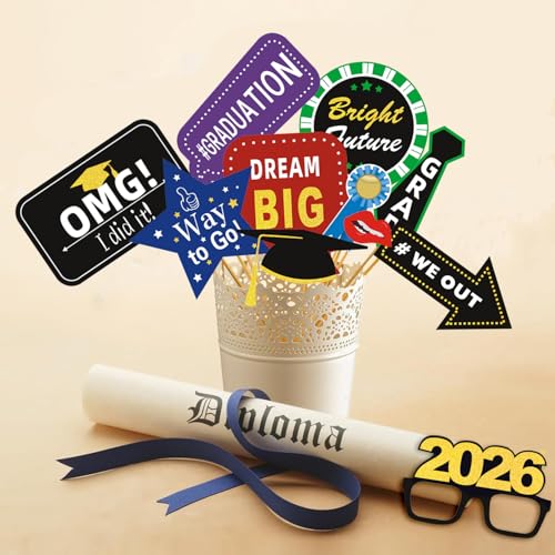 36pcs Graduation Photo Booth Props, Grad Photo Props, Graduation Decorations Class of 2026, 2026 Photo Booth Props Set for Graduation Party Favors Supplies Decorations, 2026 Grad Party Pose Signs