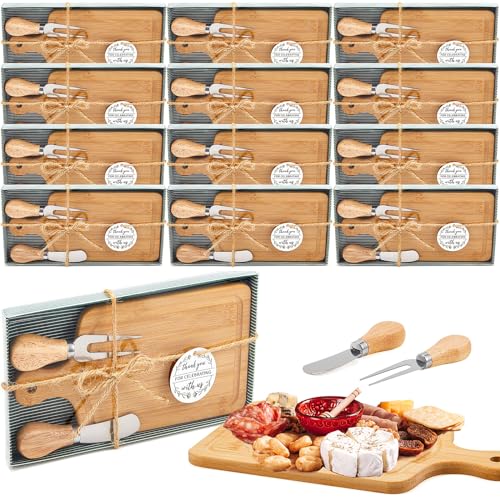 Ziliny 12 Set Bridal Baby Shower Cheese Prizes Wooden Square Board Gift Set Knives Forks Thank You Tags with Box for Guests for Valentines Bridal Baby Shower Housewarming Gifts (Bamboo Color) - color: Bamboo Color