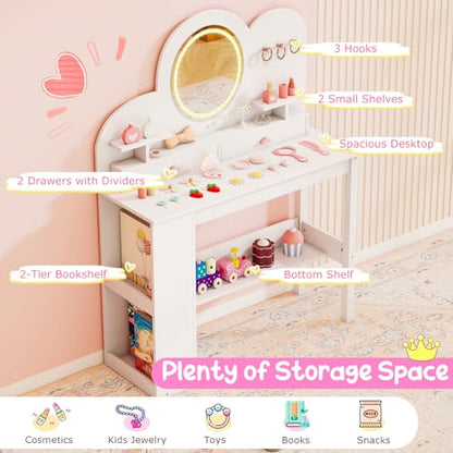 Costzon Kids Vanity, Girls Vanity Set with Lighted Mirror, Bookshelf, Drawers, Hooks & Storage Shelves, Toddler Makeup Vanity Desk Dressing Table, Wooden Kids Vanity Table and Chair Set (White) - style: White with Bookshelf