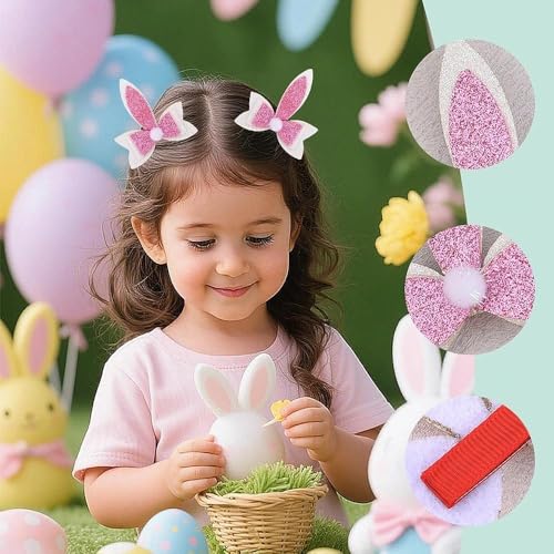 Sparkling Bunny Ear Hair Clips for Girls Kids Toddlers Pink Glitter Rabbit Ear Bow Hairclips for Photo Props Easter Basket Stuffers Hair Accessories Hairpins Barrettes of 2Pcs