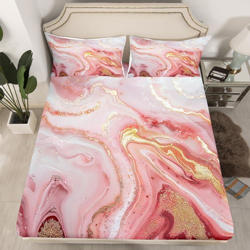 Girly Marble Bed Sheets - Pink Gold Marble Sheet Set for Kids Teen Girls Room Decor,Soft Modern Marble Texture Print Sheets,Women Glitter 4 Piece Bedding Set(1 Fitted Sheet,1 Flat Sheet,2 Pillowcases) - color: Multi 02, size: Full