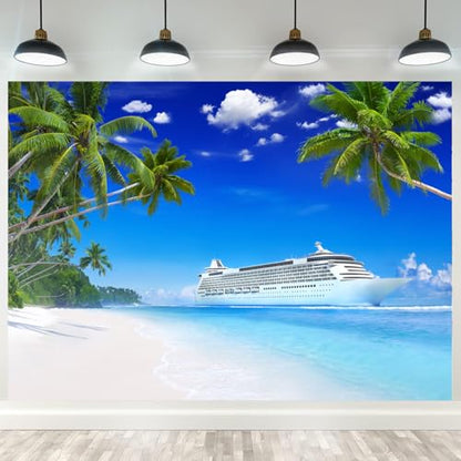 Luxury Cruise Ship Backdrop Tropical Ocean Beach Photography Backgrounds Island Palm Trees Summer Travel Hawaiian Luau Party Decor Photo Booth Props 5x3ft - size: 5X3FT