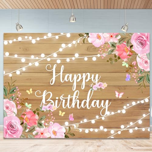 Happy Birthday Backdrop for Women Pink Watercolor Flowers Wooden Wall Glitter Lights Photography Backdrop for Women Birthday Party Decoration Cake Table Banner 7x5Ft - color: Light Brown, size: 7x5Ft