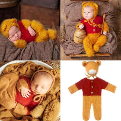Newborn Baby Photography Props Outfits Cute Bear Hat Romper Set Infant Baby Boy Girl Photoshoot Props Costume ﻿ - color: Yellow