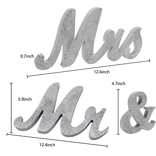 Mr and Mrs Signs Wedding Table Decorations, Wooden Freestanding Letters for Photo Props, Rustic Wedding Decoration, Anniversary Wedding Shower Gift (Silver + banner) - color: Silver with banner