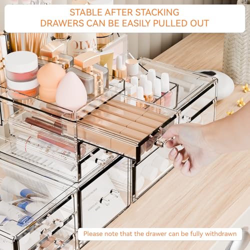 Yieach 3 Pack Clear Makeup Organizer Countertop for Dresser,Vanity and Bathroom Counter Organizer,Tiered Stackable Makeup Acrylic Organizers with 9 Drawer for Skincare,Brush and Make up Holders - style: 9 Drawers