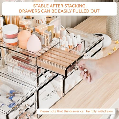 Yieach 3 Pack Clear Makeup Organizer Countertop for Dresser,Vanity and Bathroom Counter Organizer,Tiered Stackable Makeup Acrylic Organizers with 9 Drawer for Skincare,Brush and Make up Holders - style: 9 Drawers