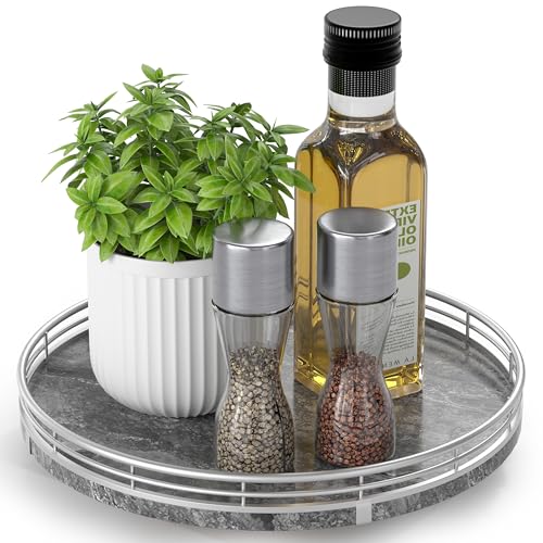 Gray Marble Lazy Susan Turntable for Table Top – 10” Round Marble Tray Organizer for Dining Table, Kitchen Countertop & Bar, Luxury Stone Serving Tray with Silver Frame - color: Gray & Silver, size: 10 inches
