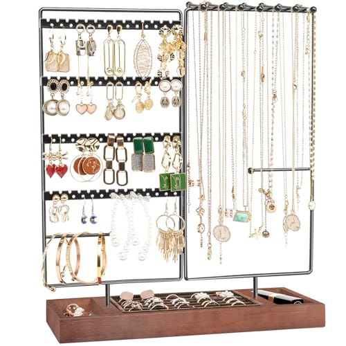ProCase Jewelry Organizer Stand Earring Holder Organizer, 6 Tiers Earring Organizer Tree Necklace Rack Jewellery Tower Bracelets Holder Storage with Removable Wooden Ring Tray for Women Girls -Black - color: Black