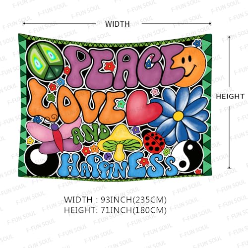F-FUN SOUL Peace Love and Happiness Tapestry, 93x71inches, Mushroom Psychedelic Tapestries 70s Theme Tapestry Wall Hanging for Bedroom Living Room Decor GTZYFS956 - size: 71"L x 93"W