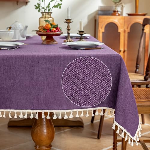 AmHoo Linen Blend Tablecloth Table Cloth 280 GSM Stitching Tassel Rectangle Decorative Natural Table Cover for Kitchen Dinning Wedding Buffet 55×86 inch Purple - color: Purple, size: 55×86 inch