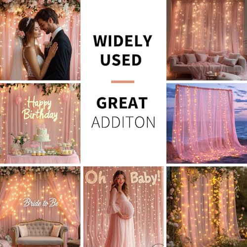 Pink Tulle Backdrop Curtain with Lights - 10x10ft Sheer Backdrop with 300 LEDs for Wedding, Baby Shower, Bridal Shower, Birthday Party Photo Shoot Background and Home Decorations - color: Pink, size: 10 x 10 Feet