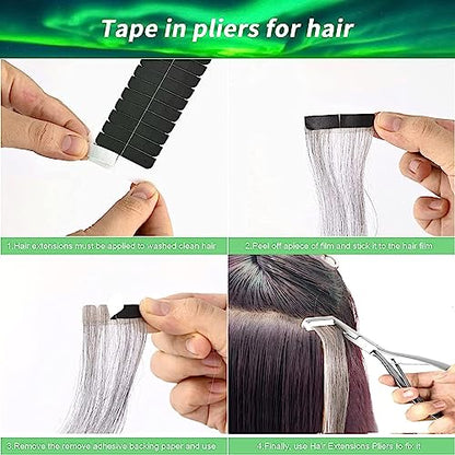 Hair Extensions Tools Kit, Professional Tape in Hair Sealing Pliers Flat Surface Hair Extension Plier Tools with Double Sided Replacement Adhesive Tape Tabs -Silvery