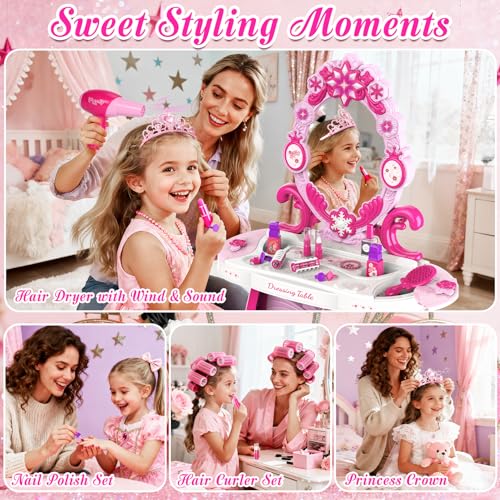 Toddler Vanity Kids Vanity Table and Chair Set, Girls Makeup Table with Mirror Lights & Music, Pretend Play Dress Up Toys with Hair Dryer, Princess Crown & Wand, Storage Bag, Gifts for Girls Age 3 4 5