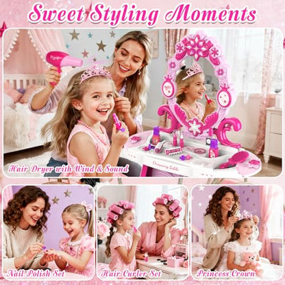 Toddler Vanity Kids Vanity Table and Chair Set, Girls Makeup Table with Mirror Lights & Music, Pretend Play Dress Up Toys with Hair Dryer, Princess Crown & Wand, Storage Bag, Gifts for Girls Age 3 4 5