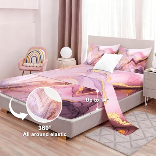 Pink Marble Sheets Set Full for Girls Elegant Pink and Gold Bedding Set with Deep Pocket Abstract Bed Set with 1 Fitted Sheet 1 Flat Sheet and 2 Pillowcases - color: Marble Pink-a, size: Full