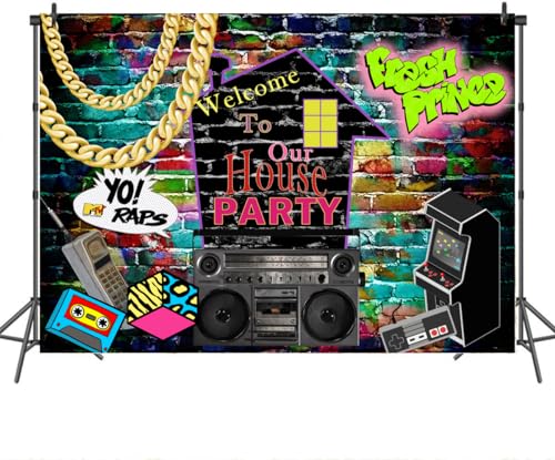 Mocsicka 90s Backdrop Hip Hop 90s House Party Decorations 7x5ft Retro Graffiti Brick Wall Back to 90s Background 1990s Party Banner Decorations Photo Booth Props - size: 7x5ft