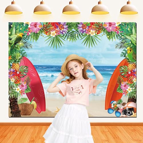 HQM 10X8FT Summer Tropical Beach Theme Photo Background Beach Conch Hawaii Blue Sea Flower Children Birthday Luau Party Photography Backdrop Cake Table Decor Supplie - size: 10x8 FT