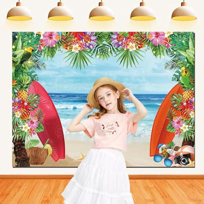 HQM 10X8FT Summer Tropical Beach Theme Photo Background Beach Conch Hawaii Blue Sea Flower Children Birthday Luau Party Photography Backdrop Cake Table Decor Supplie - size: 10x8 FT