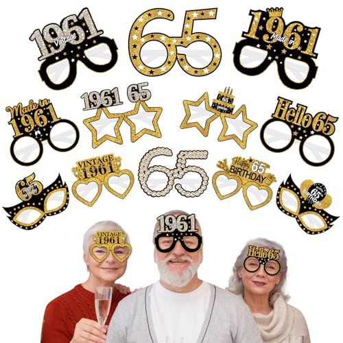 Turypaty 24Pcs 1961 65th Birthday Paper Glasses Decorations for Men Women - Black Gold Happy 65th Birthday Paper Eyeglasses Photo Props, Vintage 1961 Sixty-Five Years Old Bady Party Supplies - style: Black Gold 65th