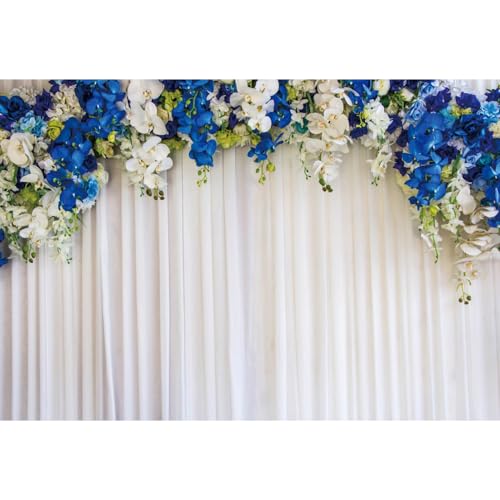 Yeele 8x6ft Blue and White Floral Backdrop for Photography Spring Flowers Green Leaves White Curtain Wedding Background for Wedding Bridal Shower Decoration Portrait Photo Studio Shoot Props - size: 8x6ft