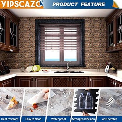 Yipscazo Peel and Stick Stone Metal Backsplash, Stick on Tiles for Backsplash Kitchen (Brown Stone Rock, 10-Pack) - color: Brown Stone Rock