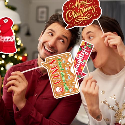 Christmas Photo Booth Props Kit, 24Pcs Fun Photo Props & Selfie Frame for Christmas Photos Decoration, Funny Santa & Gingerbread Photo Props for Xmas Holiday Party Decoration