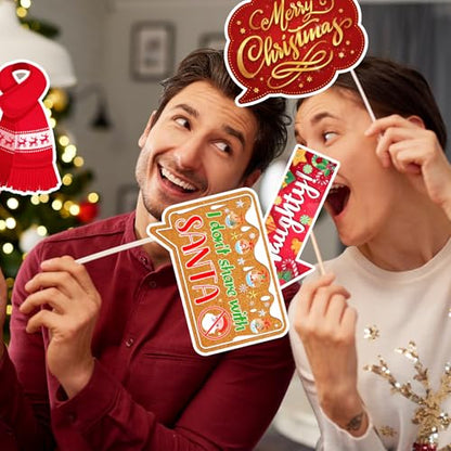 Christmas Photo Booth Props Kit, 24Pcs Fun Photo Props & Selfie Frame for Christmas Photos Decoration, Funny Santa & Gingerbread Photo Props for Xmas Holiday Party Decoration
