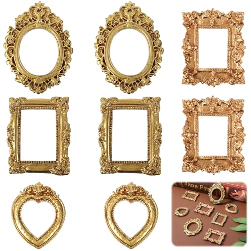 Tyqour 8PCS Mini Gold Picture Frames Vintage Small Resin Miniature Tiny Picture Frames for Crafts Antique Mini Photo Frame for DIY Jewelry Christmas Holiday Party Hotel Decor - color: Gold 8