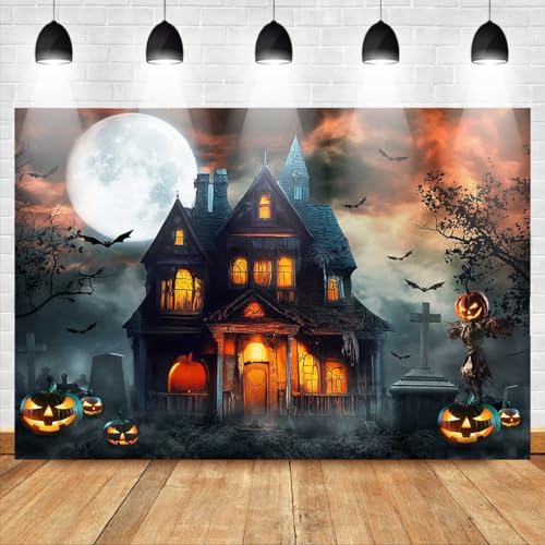 Mocsicka Halloween Backdrop Haunted House Castle Night Pumpkin Terror Costume Party Halloween Kids Birthday Background for Photography Photo Studio Props (Orange, 8x6ft) - color: Orange, size: 8x6ft