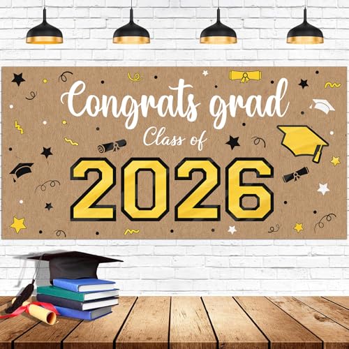 Feifeiya Kraft Paper Graduation Backdrop 2026-62" x 31" Large Brown Congrats Grad Banner Class of 2026 Black and Gold Grad Photography for Wall Graduation Party Classroom Decoration