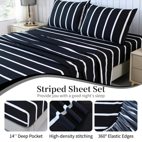 MAG 4Pcs Striped Full Sheet Sets,Black and White Full Size Microfiber Sheets Set,Included 1 Fitted Sheet 14'' Deep Pocket+1 Flat Sheet+2 Pillowcases Soft and Breathable,Wrinkle and Fade Resistant. - color: Striped, size: Full