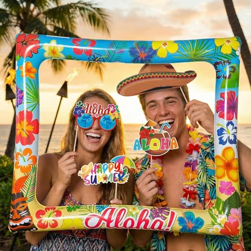 Hawaiian Photo Booth Props & Inflatable Frame, 30Pcs Luau Photobooth Props with Large Inflatable Inflatable Selfie Picture Frame for Summer Tropical Aloha Luau Party Selfie Supplies - color: Hawaii