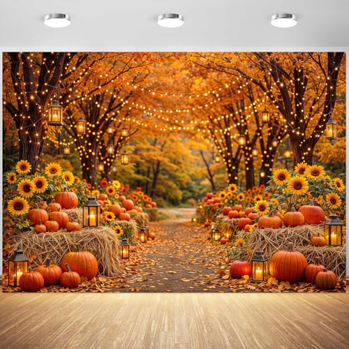 6 x 4 ft Fall Photo Backdrop - Autumn Forest Harvest Farm Photograph Background with Pumpkins, Sunflowers & Maple Leaves for Thanksgiving Friendsgiving Party Decorations - color: Fall01, size: 6x4ft